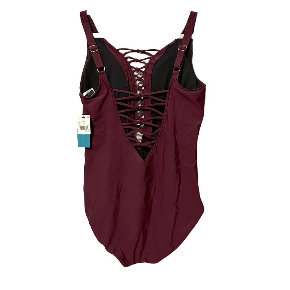 Aqua Green Lace Up One Piece Swimsuit 18W Plus Plunge Resort Coastal Beach NWT - Picture 7 of 14